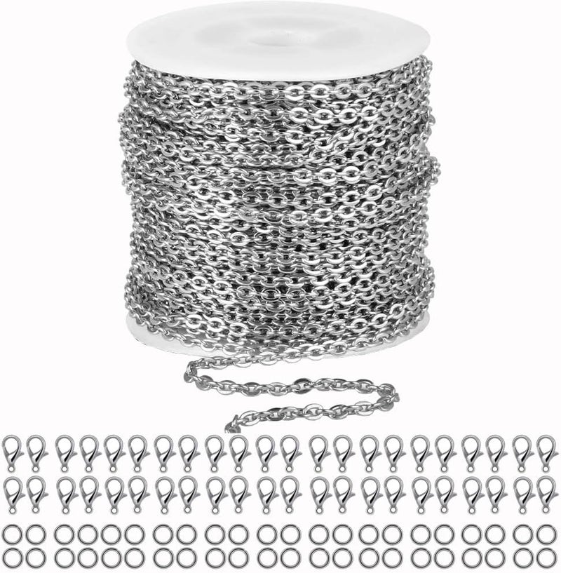 YZDTECH 55ft Cable Link Chain for Jewelry Making,Stainless Steel O-Shaped Chain with 100 Pcs Jump Rings and Lobster Clasps For Keychain DogTag,Silver Plated Necklace Chains for jewellery DIY Craft (0.8*3*4mm) - Image 1